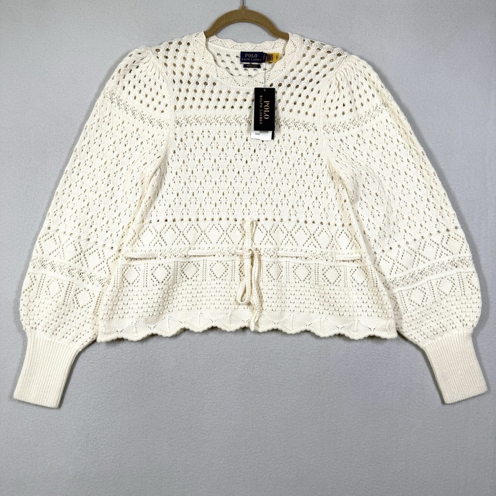 Polo Ralph Lauren Sweater Small Pointelle Knit Merino Wool Puff Sleeve Cream NWT
